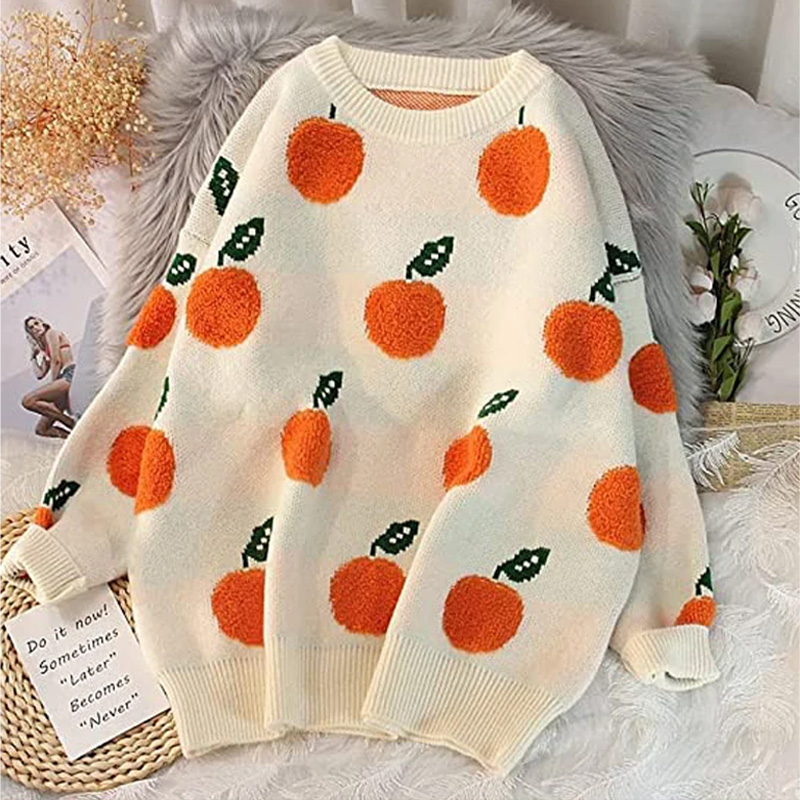 Áo len dệt kim nữ họa tiết màu cam