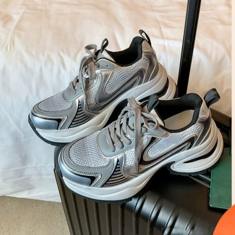 シルバー増加 6 センチメートル厚底スニーカーカラーブロックカジュアル厚底女性の靴